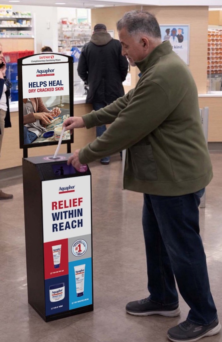 A real advertising campaign on a Terraboost kiosk at a store entrance